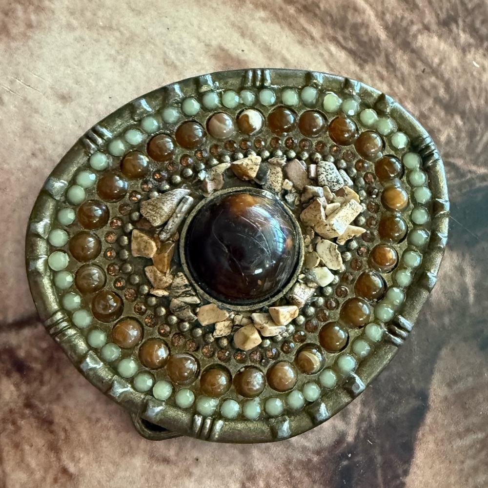 Brown and Cream Beaded Vintage Deagon Eye Belt Buckle